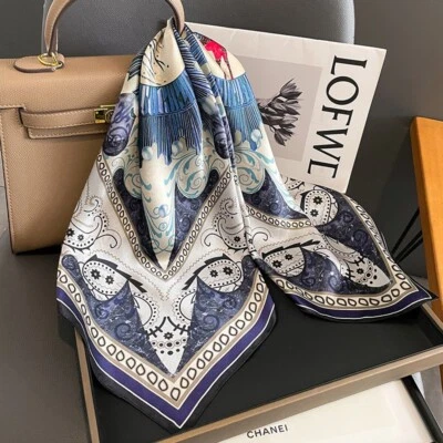 100% Mulberry Silk 26'' Square Scarf Neck Hairband Bandana Dark Blue waves Deer Foto 1 de 4