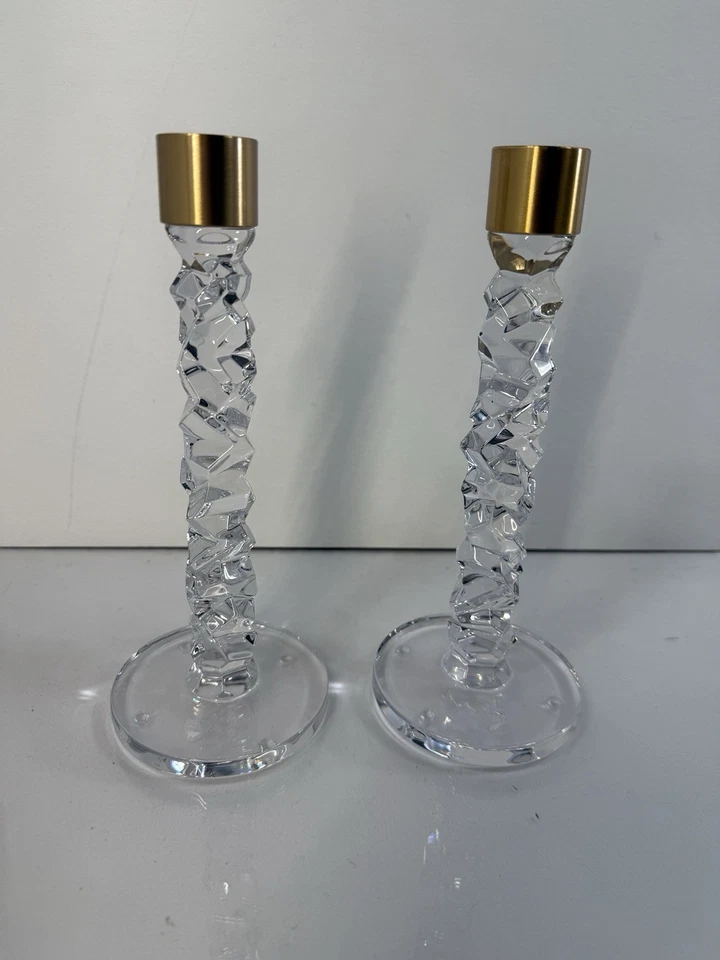 Orrefors Carat 9.5” Crystal & Brass Candlesticks, Pair Candle Holder Clear - Image 1 of 4