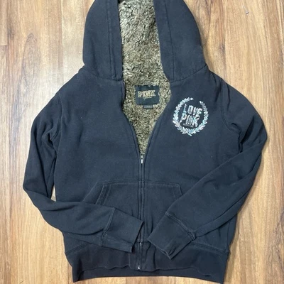 Victoria's Secret PINK Black Zip Up Sequin Hoodie with Fur Lining Small - Image 1 of 4