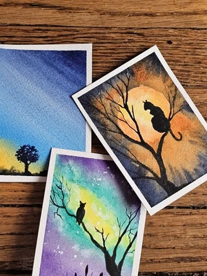 Set Of 3 Night Glow Series- original watercolor painting ACEO ATC - Image 1 of 4