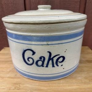 Antique Stoneware Cake Crock W/ Lid Blue Stripe 10” - RARE - Bild 1 von 14