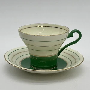 Taza de té y platillo corsé Aynsley verde dorado a rayas con borde dorado vintage - Imagen 1 de 13
