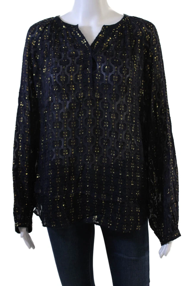 Blusa túnica mujer J Crew azul oscuro geométrica cuello redondo manga larga talla 14 Foto 1 de 4
