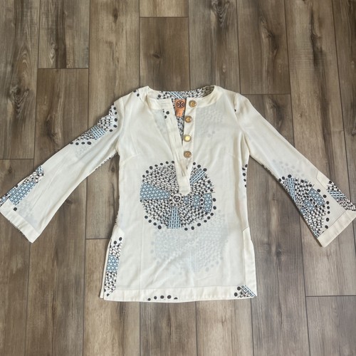 Tory Burch tunica donna 4 beige blu grandi bottoni logo manica lunga blusa lana