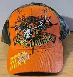 DEER HUNTER BORN TO HUNT GUN HORNS BASEBALL CAP ( ORANGE AND CAMOUFLAGE ) - Picture 1 of 2