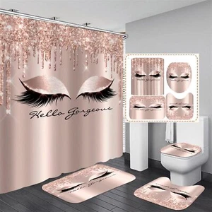 Pink Eyelash Shower Curtain Set Hello Gorgeous Bathroom Decor with Rugs & Hooks - Picture 1 of 7