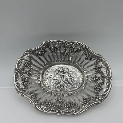 Pequeño cuenco de plata 800 Art Nouveau Angel Dancing Putti querubín y rosas 47,4 g Foto 1 de 4