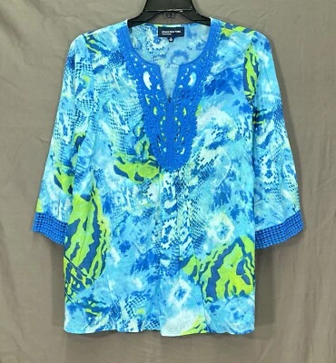 JONES NEW YORK Blue/Green ANIMAL PRINT Semi-Sheer Twill LACE DETAIL Blouse Top M - Image 1 of 4