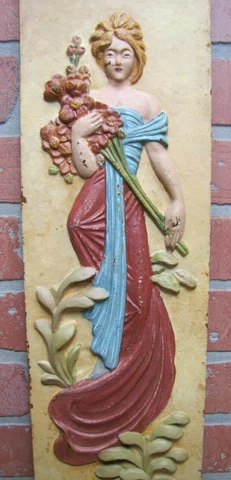 Maiden in Gown Holding Bouquet of Roses Decorative Arts Cast Iron Plaque Cover