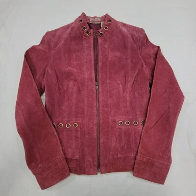 Chaqueta de gamuza de cuero genuino tallada con volantes para mujer S roja violeta forro de poliéster usada en excelente estado Foto 1 de 4