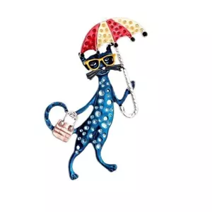 Cat Umbrella Brooch Blue Animal Pins Women Casual Brooches Collar Scarf Badges - Picture 1 of 13