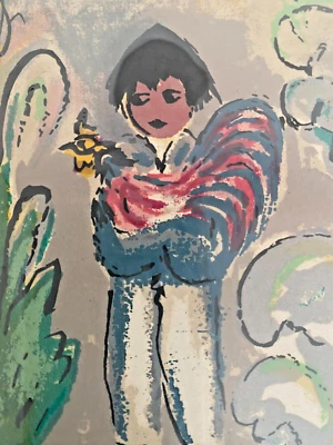 Сериграф DeGrazia трафаретная печать с ручной росписью мальчик и петух с подписью около 1950-х - Изображение 1 из 4