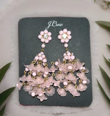 J. Crew Floating Flowers Tassel & Crystal Statement Pink Earrings NWT - Image 1 of 4