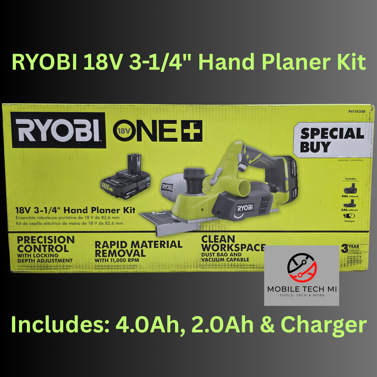 RYOBI ONE+ 18V Cordless 3-1/4″ Hand Planer Kit – Includes 2.0Ah & 4.0Ah Batteries, Charger – 11,000 RPM, Dust Bag