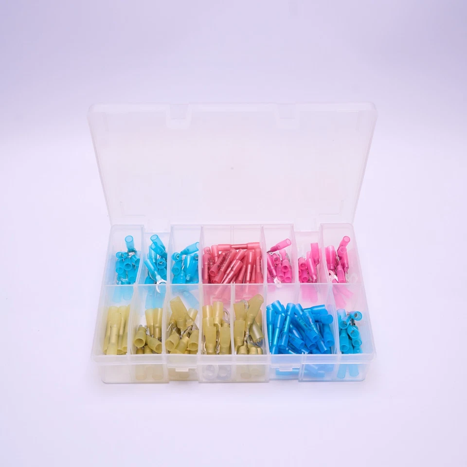 180Pcs Assorted Box of Heatshrink Terminals Heat Shrink Fork Ring Spade Butt new - Image 1 of 1