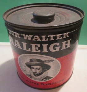 Vintage 70s Sir WALTER RALEIGH Smoking Pipe TOBACCO TIN with Metal Knob Lid USA - Picture 1 of 7