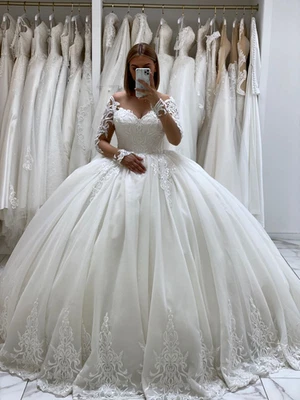 Elegant Wedding Dresses Off Shooulder Long Sleeves Lace Appliques Bridal Gowns - Image 1 of 2