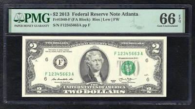 FR. 1940-F 2013 $2 FRN “LADDER S/N F12345663A” PMG GEM UNCIRCULATED-66EPQ - Image 1 of 2