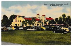 PASADENA COMMUNITY CHURCH Auto d'epoca San Pietroburgo Florida FL Cartolina Lino - Foto 1 di 2