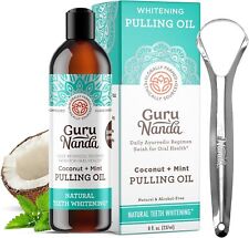GuruNanda Coconut & Peppermint Oil Pulling (8 Fl.Oz) with Tongue Scraper - Alcoh