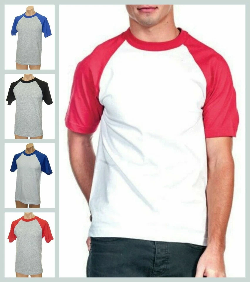 MENS HEAVY WEIGHT COTTON SHORT SLEEVE RAGLAN T SHIRT GYM WORKOUT BASEBALL S-3X - Image 1 of 1