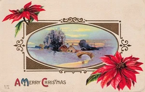 A Merry Christmas Poinsettias Snow Covered Bridge Antique  New Philadelphia Ohio - Picture 1 of 2