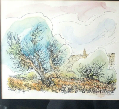 Paysage Lithographie Original Aquarellée Signée Encadré au format 42x 36 cm 70th - Photo 1/4