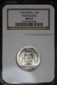 India - Portuguese 1/2 Rupia / Rupee 1936 NGC MS62 - Picture 1 of 4