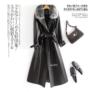 Damen Echtleder Fuchspelz Kragen Mittellang Trenchcoat Mantel Zweireiher - Bild 1 von 28