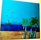Handmade mixed media 'On the Beach' light wood box-frame picture 10" x 10"