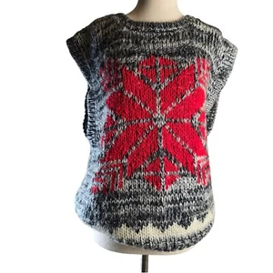 Christmas Sweater Vest Womens Medium Holiday Hand Knitted Red Snowflake Lodge - Picture 1 of 11