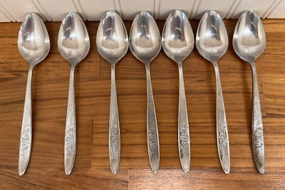 Carolyn EKCO ETERNA Stainless Flatware 7 Teaspoons Textured Rose Cottage Vintage - Image 1 of 4