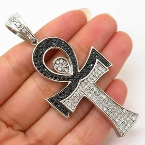 2Ct Round Lab Created Ankh Large Cross Pendant 14k White Gold Over Free Chain - Picture 1 of 8