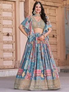 Sky Blue Digital Print, Dori, Embroidered Zari Work Chinon A-Line Lehenga Choli - Picture 1 of 10