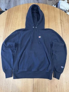 VTG 90s Champion Size Medium USA Made Mens Hooded Sweatshirt Hoodie Navy Blank - Picture 1 of 6