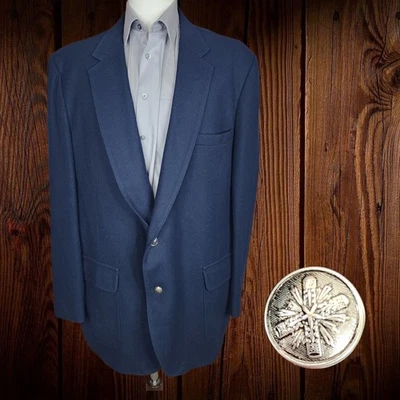 Vintage Sears Blazer Mens 54L Navy Flannel Wool with Silver Buttons - Image 1 of 4