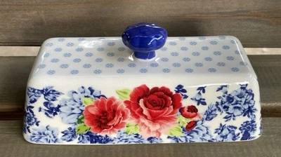 ✅ Новый пионер женщина масло блюдо крышка только синий белый красный цветочный FRONTIER ROSE - Изображение 1 из 4
