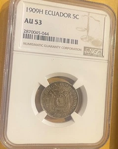 ECUADOR 5 CENTAVOS 1909H NGC AU 53 KM 60.1 KEY DATE - Picture 1 of 5