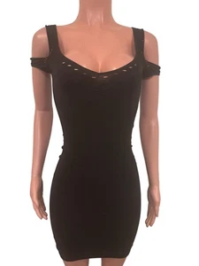 Black Seamless Body Con Pinched Bust Laser cut Clinched mini dress Goth Baddie - Picture 1 of 7