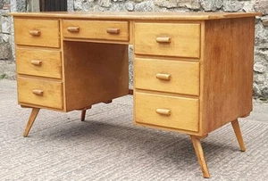 Mid Century Oak & Beech Desk, Retro Writing Desk, Vintage Home Office, Secretary - Picture 1 of 15