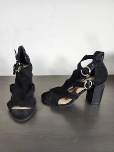 Apt 9 Black Faux Suede Open Toe Wide Strap Zip Block High Heel Shoes Sz 8M NWOB  - Picture 1 of 8