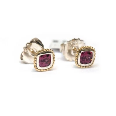 LAGOS New Rittenhouse Two Tone Silver & 18K Gold 8x8mm Garnet Stud Earrings - Image 1 of 4