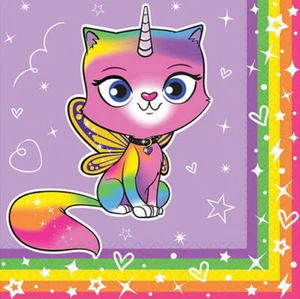 RAINBOW BUTTERFLY UNICORN KITTY birthday party beverage PAPER NAPKINS 16pcs - Picture 1 of 1