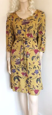Laura Ashley mustard yellow floral print viscose belted v neck dress size 12 - Image 1 of 4