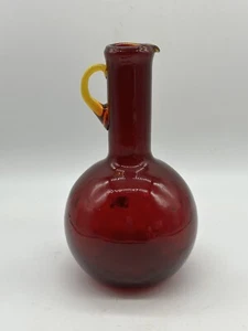 Vintage roter Anberiba Optik Glas Kugel Krug appliziert orange Henkel Vase - Bild 1 von 9