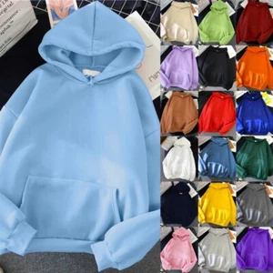 Womens Long Sleeve Hoodies Tops Ladies Casual Plain Pullover Hooded Sweatshirt - Picture 1 of 50