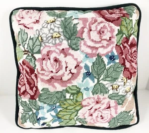 Needlepoint Throw Pillow Pink Roses Floral Zipper 12 x 12 EUC Cottagecore - Picture 1 of 6