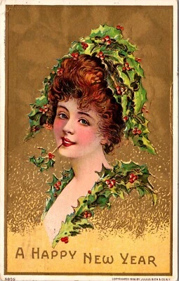 Postal de Año Nuevo de colección Pretty Lady Holly Sprig en boca y en cabello 1913 Foto 1 de 2
