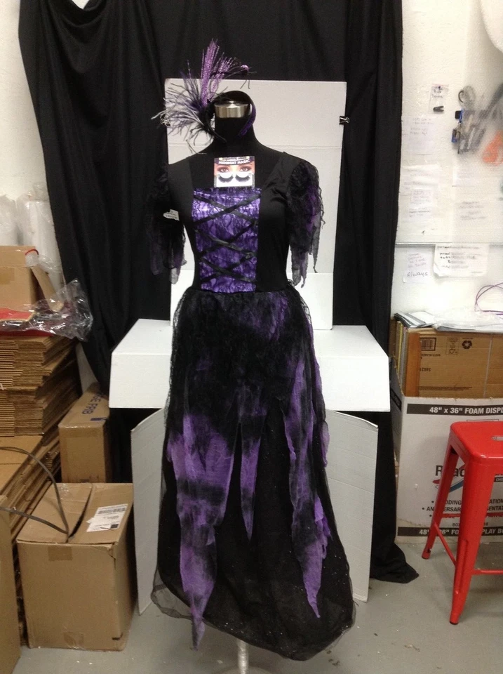 Girls XL Halloween Long Tulle Lace Witch Dress Eyelashes Spider Hat Hocus Pocus - Image 1 of 1