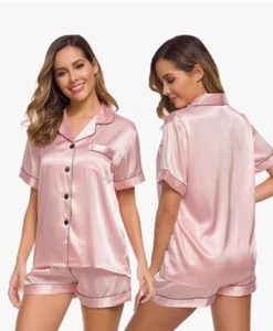 SWOMOG Womens Silk Satin Pajamas Set Two-piece Pj Sets Sleepwear XXL Sakura Pink - Picture 1 of 6